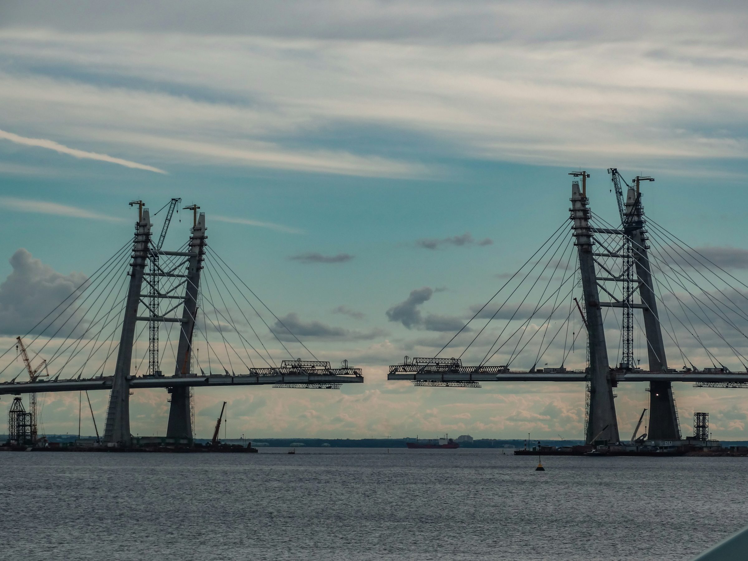 Cable-stayed bridge under construction over water